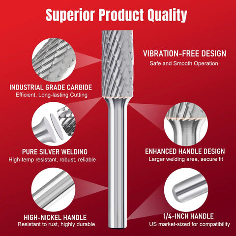 Workhorse Tungsten Carbide Rotary Burr Set Featuring Ten Double Cut Die Grinder Bits showing industrial grade carbide detail.