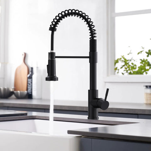 Slick Black Kitchen Faucet With Pull Down Sprayer, Hella Durable 304 Stainless Steel Construction, Lead Free Ceramic Cartridge, Sweet Dual Stream And Spray Settings For Quick Sink Cleaning Zero Leaks in modern kitchen.