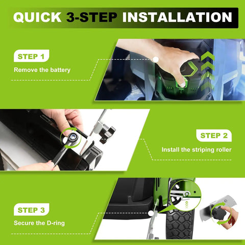 Quick 3-step installation guide for D Ring Quick Mount Lawn Striping Kit For EGO 21 Inch And Ryobi Walk Behind Mowers.
