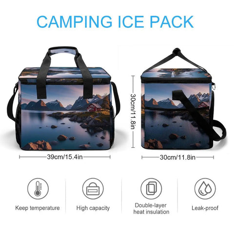 Leakproof Insulated Picnic Backpack Cooler Bag with 30L Capacity, side and front views, scenic design, dimensions shown.