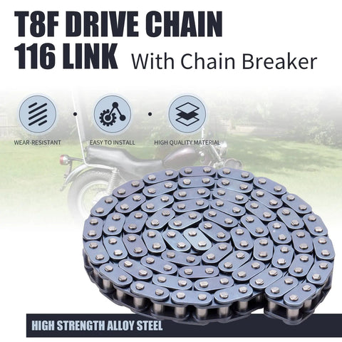 Drive Chain 116 Link With Chain Breaker for 43cc-50cc pocket bikes shown in coiled position with specifications and motorbike background.
