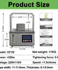 Automatic Tape Tying Machine With Foot Pedal Trigger And Optic Sensor For Produce Bagging Dual Mode Digital Display showing dimensions and features.