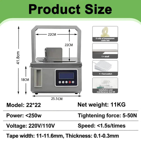 Automatic Tape Tying Machine With Foot Pedal Trigger And Optic Sensor For Produce Bagging Dual Mode Digital Display showing dimensions and features.