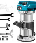 Heavy Duty Cordless Palm Router Built Tough For Job Site Woodworking Runs Buttery Smooth With Quick Makita 18V Battery Swap And Zero Tangled Cord Hassle with accessories.