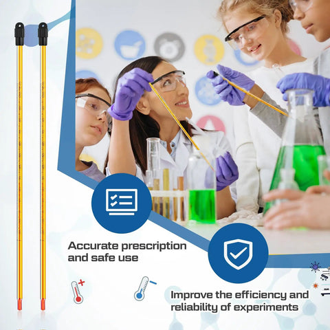 Four 12 Inch General Purpose Lab Thermometers Pack For Science Labs, Liquid In Glass, Total Immersion, Dual Scale Minus 20 C To 110 C And 0 To 230 F, Perfect For University Labs Food And Beverage Processing, shown with students in a lab