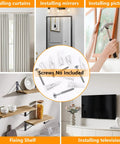 One Hundred Pack Self Drilling Drywall Anchors Plug And Play Plastic Build shown in use for installing curtains, mirrors, and shelves.
