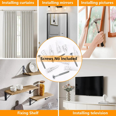 One Hundred Pack Self Drilling Drywall Anchors Plug And Play Plastic Build shown in use for installing curtains, mirrors, and shelves.