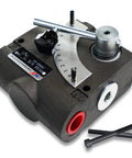 Front view hydraulic adjustable flow directional control valve, black body with silver curved scale, red inlet port.
