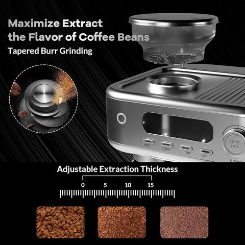 Pro Grade Dual Boiler Espresso Machine With Built In Grinder, 20 Bar Pressure, 30 Custom Settings, Smart LCD Screen, Large Tank For Zero Hassle Brewing And Top Shelf Shots Daily showing tapered burr grinding system.