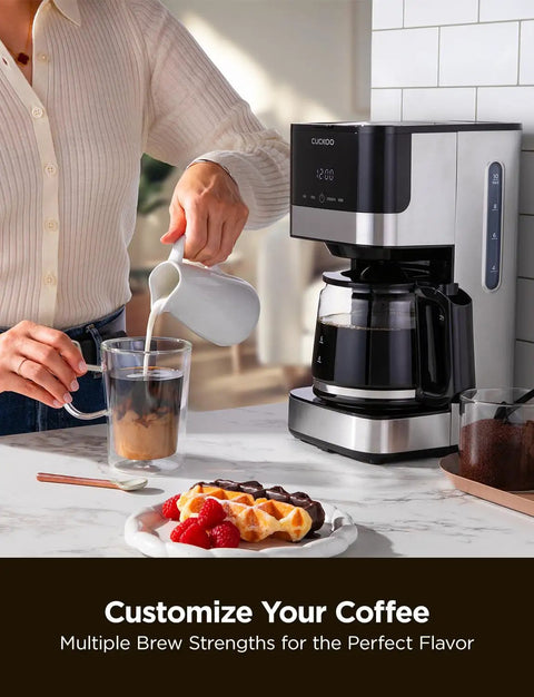 10 Cup Drip Coffee Maker With 24 Hour Programmable Timer Glass Carafe And Reusable Mesh Filter on kitchen counter