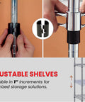 Hands adjusting the stainless steel wire shelving unit connectors for height on Rock Solid Five Shelf Stainless Steel Wire Shelving Unit Heavy Duty Adjustable Storage Rack Commercial Grade 36 By 72 By 63 Inches.