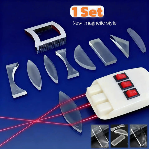 Magnetic Optics Lab Kit for Classrooms With Easy-To-Use Triple Laser Source, prisms, reflectors, and teaching supplies on blue background.