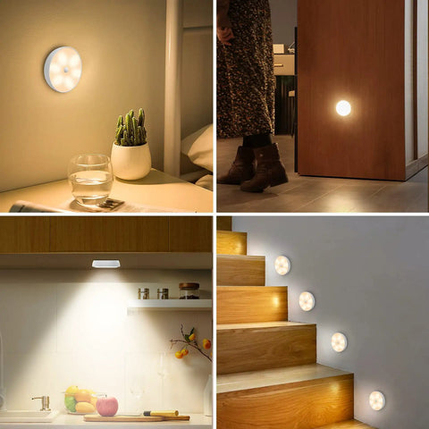 Six Pack Warm White Motion Sensor LED Puck Lights With USB Rechargeable Battery Under Cabinet Wardrobe Kitchen Lighting