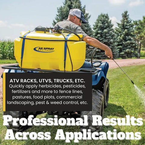 Person using 25 Gallon ATV UTV Spot Sprayer With 2.2 GPM 12V Diaphragm Pump on ATV for lawn care