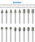 Sworker 20-piece diamond grinding bit set, front view, 120-grit, 1/8 in shank, 45mm length, cone/cylinder/ball heads