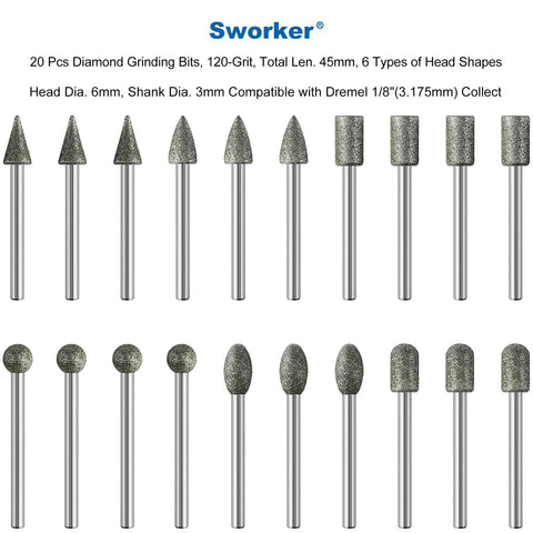 Sworker 20-piece diamond grinding bit set, front view, 120-grit, 1/8 in shank, 45mm length, cone/cylinder/ball heads