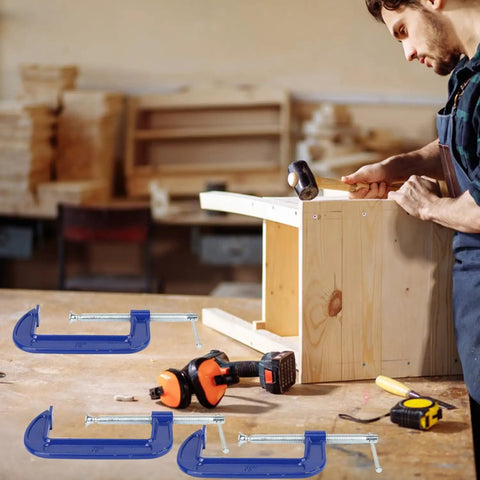 Four Pack 5 Inch Blue C Clamps Heavy Duty Iron Clamps for Woodworking, Welding, and Automotive Use Secure Brake Calipers DIY Projects Building Maintenance and More for DIYers used on wood project