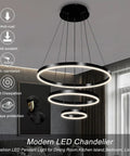 Slick Black Circular LED Pendant Light With Adjustable Height, Modern Chandelier Ceiling Fixture For Kitchen Island