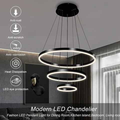 Slick Black Circular LED Pendant Light With Adjustable Height, Modern Chandelier Ceiling Fixture For Kitchen Island