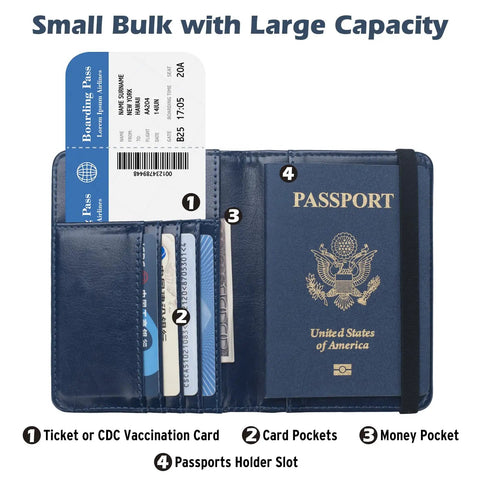 Open RFID Blocking Passport Holder Travel Wallet With Vaccine Card Slot displaying card slots and passport section.