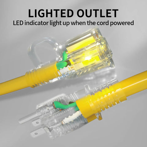 Close-up of Outdoor Extension Cord 50 Ft 12/3 Waterproof Heavy Duty With Lighted End LED Indicator showing yellow plug LED lit