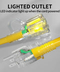 Heavy Duty 25 Foot Outdoor Extension Cord 12 Gauge 3 Conductor SJTW Waterproof With Lighted End, yellow plug detail