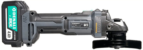 Side view of a 20V Cordless Angle Grinder Kit with 4.0Ah battery, Power Up Your DIY Projects With This 20V Cordless Angle Grinder Kit Featuring a 4.0Ah Battery And 2.4A Charger, Cross Compatible With PWRCORE 20 Tools, Ideal For Grinding Metal, Cutting Tile, Sanding Wood, And More, Blue.