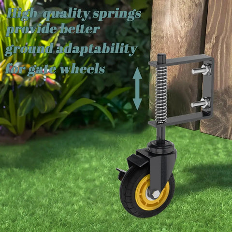 Two Pack 4 Inch Gate Casters With Brake Heavy Duty 250 Lb Capacity Spring Loaded Absorbing Solid Rubber Wheels For Wood Gates Includes Screws And Screwdriver installed on a wooden gate, showing spring and rubber wheel.