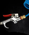 Heavy Duty Truck Air Seat Blow Gun Kit With Lever Handle And Two Slick Nozzle Tips Plus 11.5 Foot Nylon Coil Hose showing chrome lever blow gun.