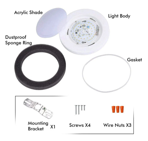7.5 Inch LED Ceiling Light With 12W 840lm 5000K Daylight Flush Mount parts including light body, acrylic shade, and accessories