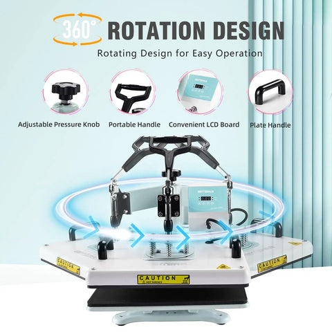 5 In 1 Heat Press Machine For T Shirts, Mugs, Hats, Plates And Tumblers With 12x15 Swing Away Plate, 360 Degree Swivel detail