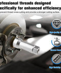 Axle spindle thread chaser tool installed on a vehicle wheel hub; silver hex-drive with extension bar.