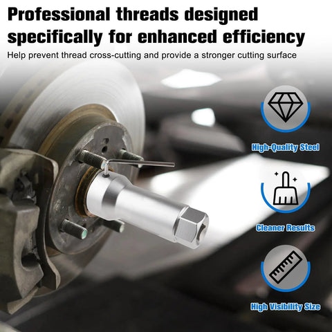 Axle spindle thread chaser tool installed on a vehicle wheel hub; silver hex-drive with extension bar.