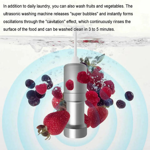 Compact Ultrasonic Cleaner Machine With Slick Digital Touch Screen, 60Khz Cavitation Action To Beat Stubborn Grime On Glasses, Fresh Produce, And Small Items, No Sweat Home Wash Setup with fruits being washed.
