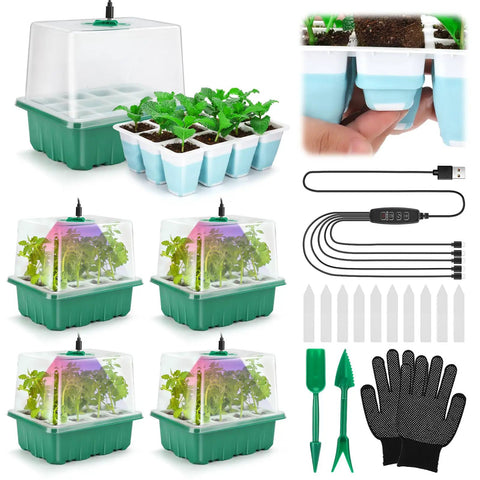 Indoor Seed Starter Kit With Grow Light 60 Flexible Cells 5 Pack Reusable Germination Trays Humidity Dome High Lid 8 LED