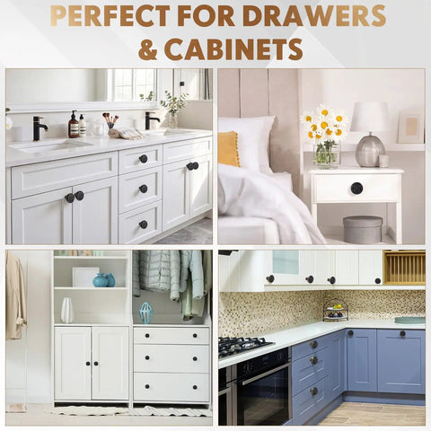 24 Piece Black Ceramic Cabinet Knobs Vintage Round Pulls on various white cabinets and drawers, 34mm size, perfect for easy revamp.