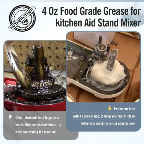 4 Oz Food Grade Grease For Stand Mixers shown lubricating mixer gears and with accompanying tools, including gasket and spatula.