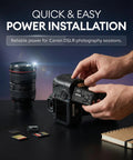 Hands inserting Fresh LP E10 Camera Batteries Two Pack For Canon EOS Rebel T3 T5 T6 T7 T100 1100D 1200D 1300D 1500D 2000D 3000D 4000D into DSLR.