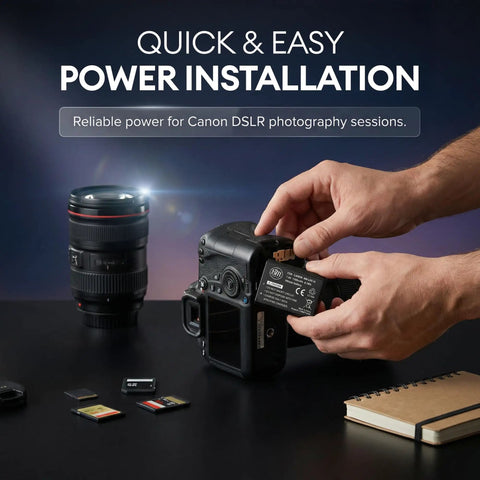 Hands inserting Fresh LP E10 Camera Batteries Two Pack For Canon EOS Rebel T3 T5 T6 T7 T100 1100D 1200D 1300D 1500D 2000D 3000D 4000D into DSLR.