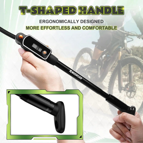 Person holding Bike Shock Pump With Digital Gauge, 320 PSI, Leak Proof Presta Valve, Compatible With MTB And Road Bikes
