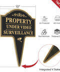 Heavy Duty Property Under Video Surveillance Sign For Outdoor Yard Warning 2 Pack 14 By 10 Inch Rust Free Aluminum Plate with stake