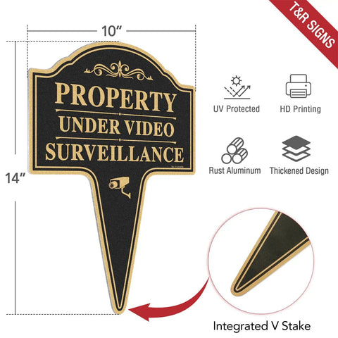 Heavy Duty Property Under Video Surveillance Sign For Outdoor Yard Warning 2 Pack 14 By 10 Inch Rust Free Aluminum Plate with stake