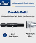 Keyless Mini Drill Chuck Adapter With One Quarter Inch Hex Shank And Quick Swap Rig for Cordless Drivers showing steel hex shank and aluminum alloy chuck.