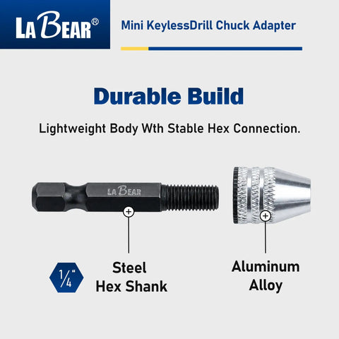 Keyless Mini Drill Chuck Adapter With One Quarter Inch Hex Shank And Quick Swap Rig for Cordless Drivers showing steel hex shank and aluminum alloy chuck.
