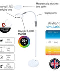 Diagram of All-In-One Magnifying Lamp That Slaps With 600 Lumens Daylight LEDs, 6,000K Daylight, CRI 95+, flexible arm and magnifying lens.