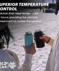 Two people holding Insulated Stainless Steel Multi Can Cooler With Built In Can Opener And Triple Sized Can Holder for 12 oz cans in snowy setting