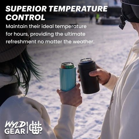 Two people holding Insulated Stainless Steel Multi Can Cooler With Built In Can Opener And Triple Sized Can Holder for 12 oz cans in snowy setting