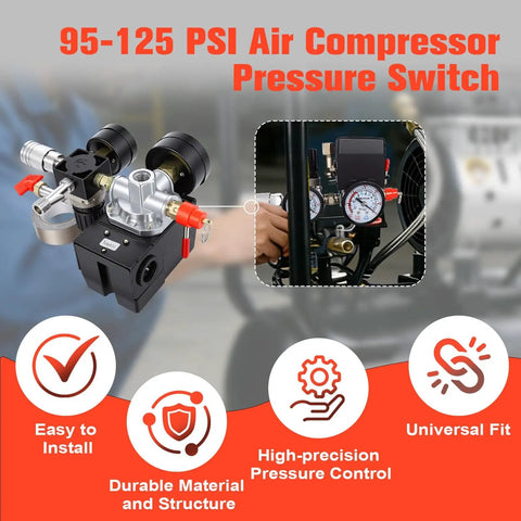 Pressure Switch Kit For Air Compressors With Four Port Gauge Auto On At Ninety Five PSI And Auto Off At One Hundred Twenty Five PSI Easy Read