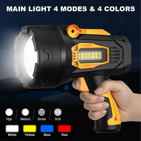 Rechargeable Spotlight 2,000,000 Lumens LED Flashlight Handheld with Cob Light showing main light modes and colors
