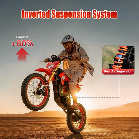 Rider on HAPPYRUN F18 Electric Dirt Bike Mid-Drive Motor 6000W Peak, showing wheelie and suspension system detail